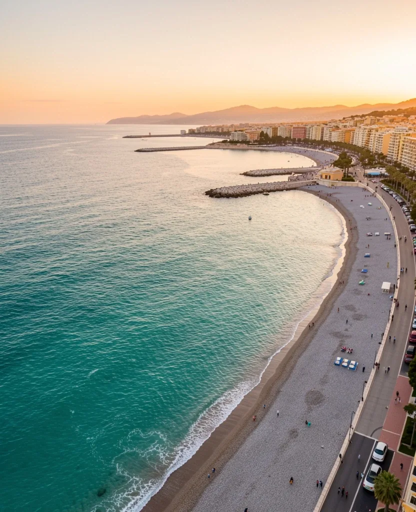 Vue aérienne de la baie de Nice au lever du jour